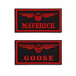Top Gun Maverick Goose Hook and Loop Embroidered Patches 2pc Set Black Red